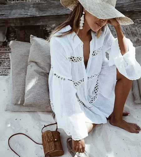 Women Swimsuit Cover Ups Mandarin Sleeve Kaftan Beach Tunic Dress Robe De Plage Solid White Pareo Beach Cover-Ups #Q429